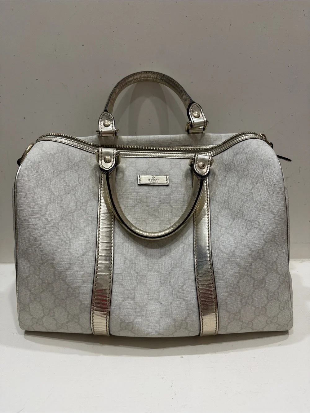 Authentic Gucci Joy Boston Bag with Metallic Silver Trim